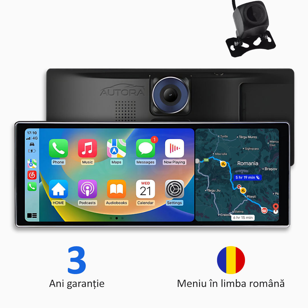 Sistem multimedia auto universal cu Apple CarPlay, Android Auto și înregistrare video (model 2026)