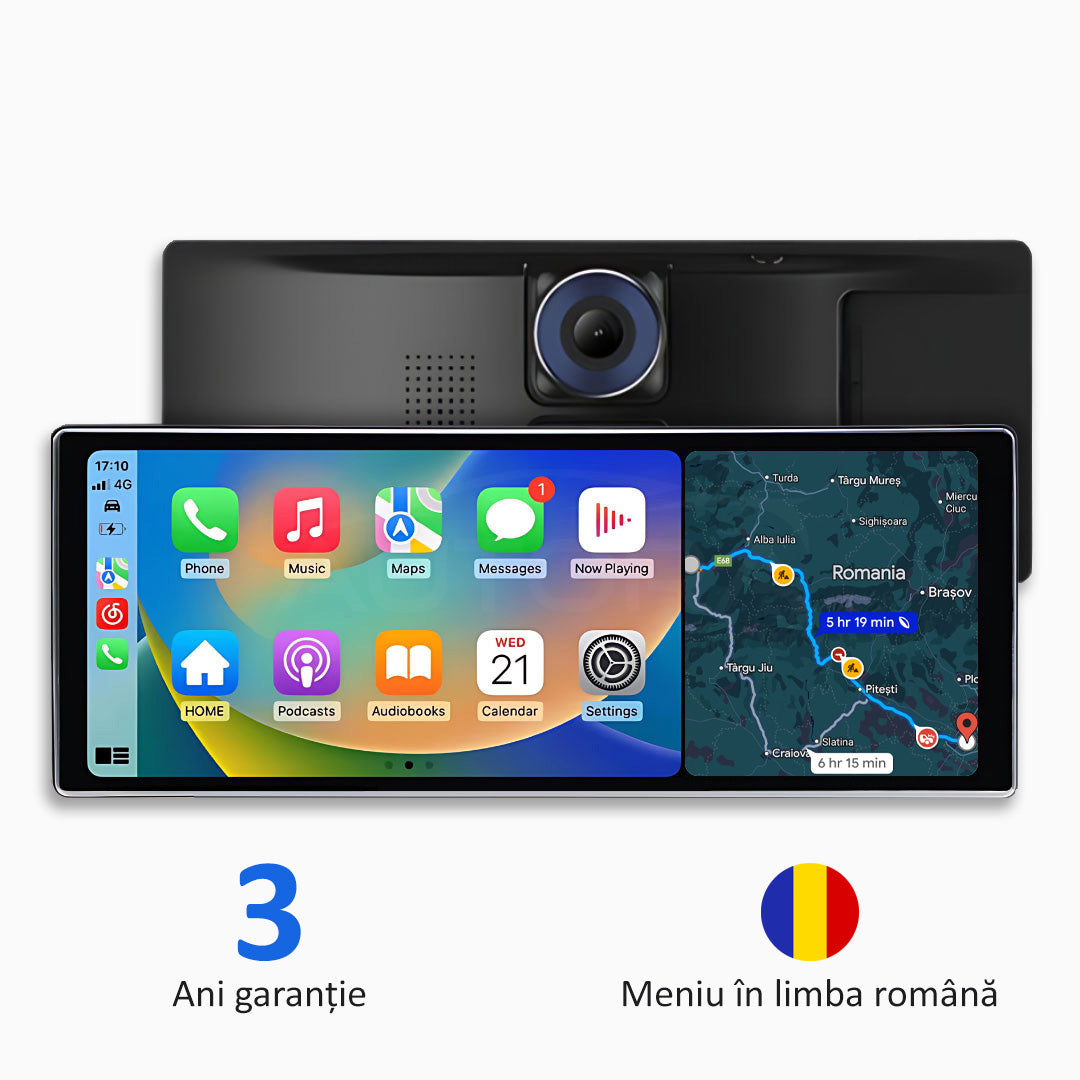 Sistem multimedia auto universal cu Apple CarPlay, Android Auto și înregistrare video (model 2025)